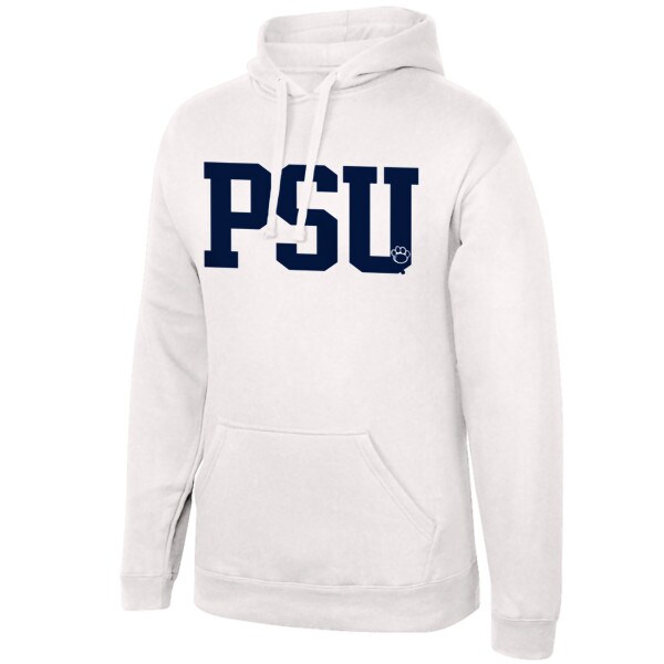 white hooded sweatshirt with navy PSU and paw print in the U